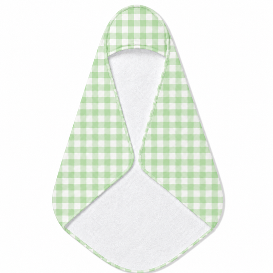 Sage Gingham hooded baby towel wrapped around a baby