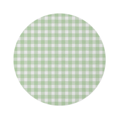 Sage Gingham round nursery rug on a baby room floor