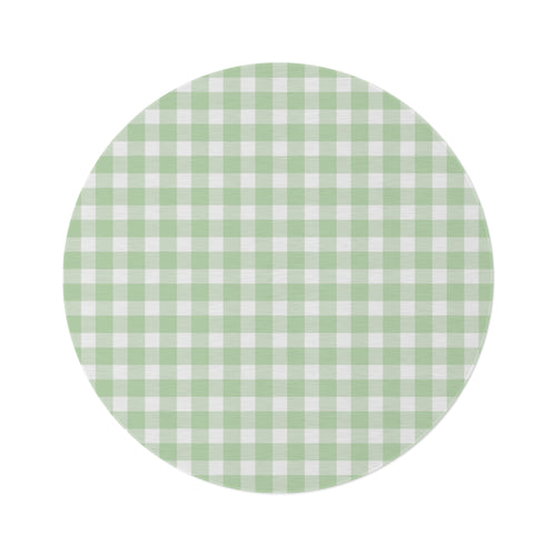 Sage Gingham round nursery rug on a baby room floor