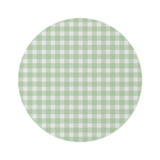 Sage Gingham round nursery rug on a baby room floor