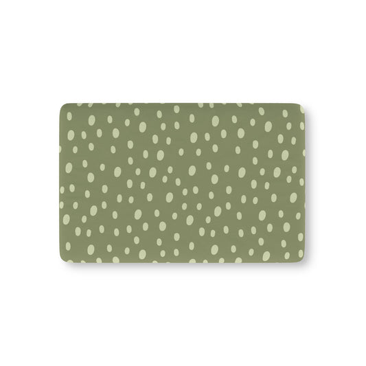Sage Speckle fitted crib sheet on a nursery crib mattress