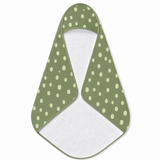 Sage Speckle hooded baby towel wrapped around a baby