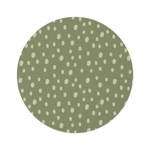 Sage Speckle round nursery rug on a baby room floor