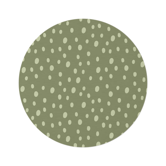 Sage Speckle round nursery rug on a baby room floor