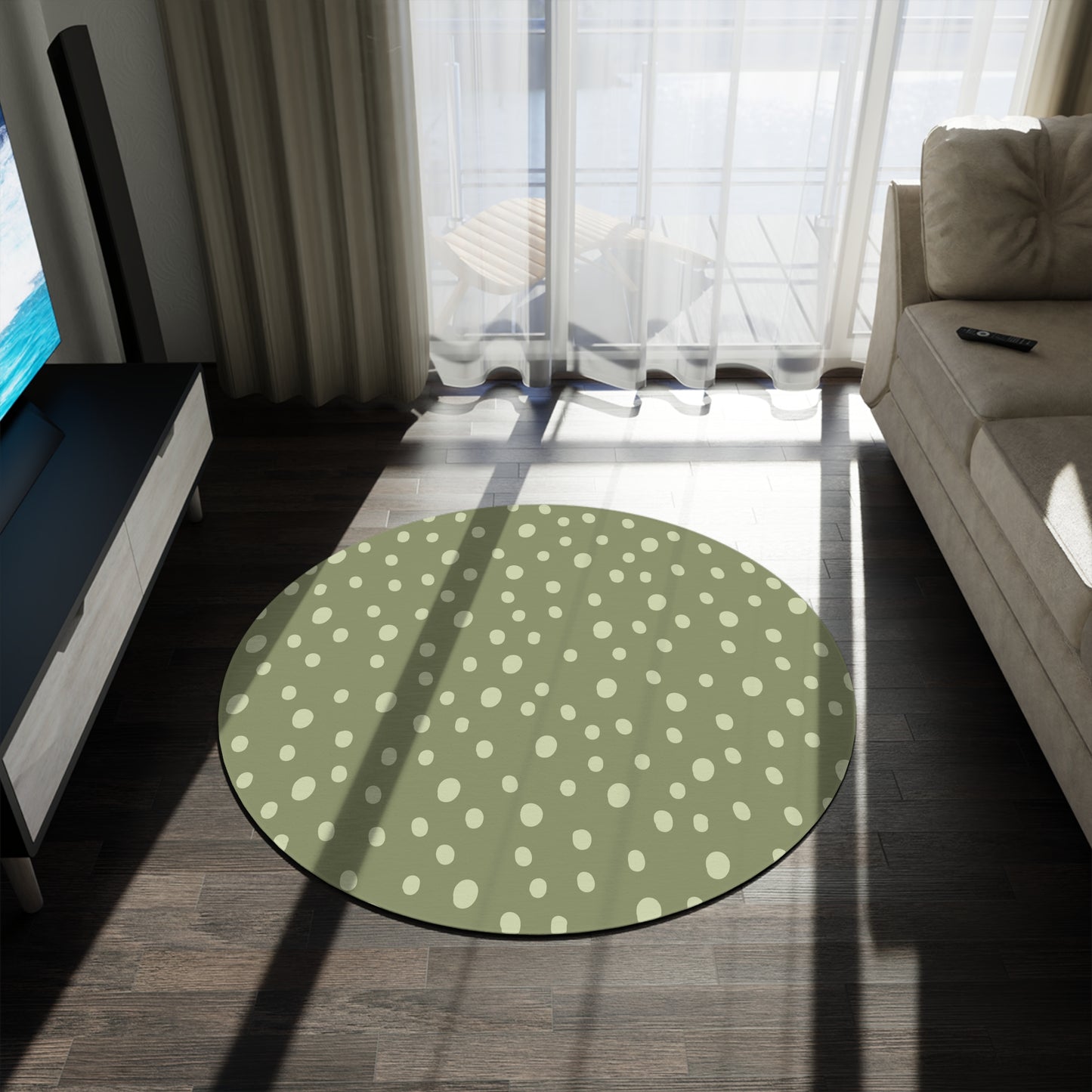 Close detail of the dot print on the round nursery rug