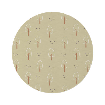 Scandi Forest round nursery rug on a baby room floor