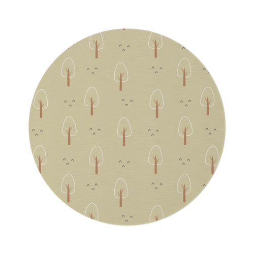 Scandi Forest round nursery rug on a baby room floor