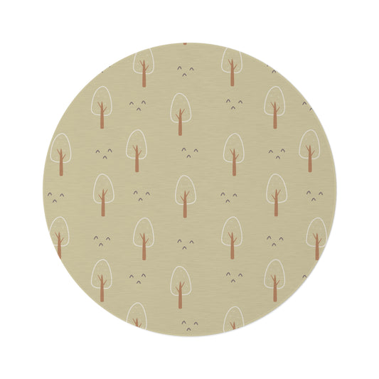 Scandi Forest round nursery rug on a baby room floor