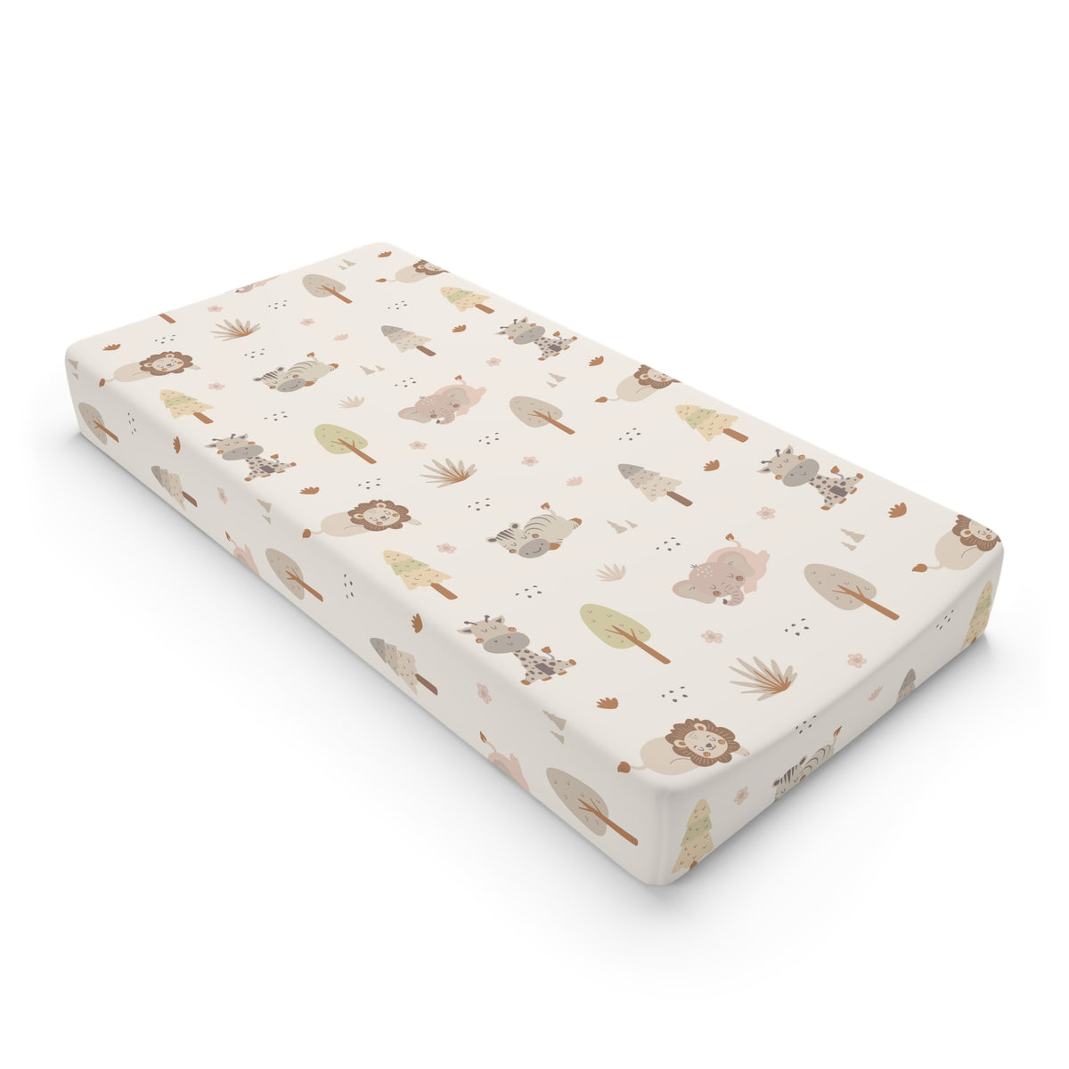 Sleepy safari changing pad cover in warm cream on a nursery changing table