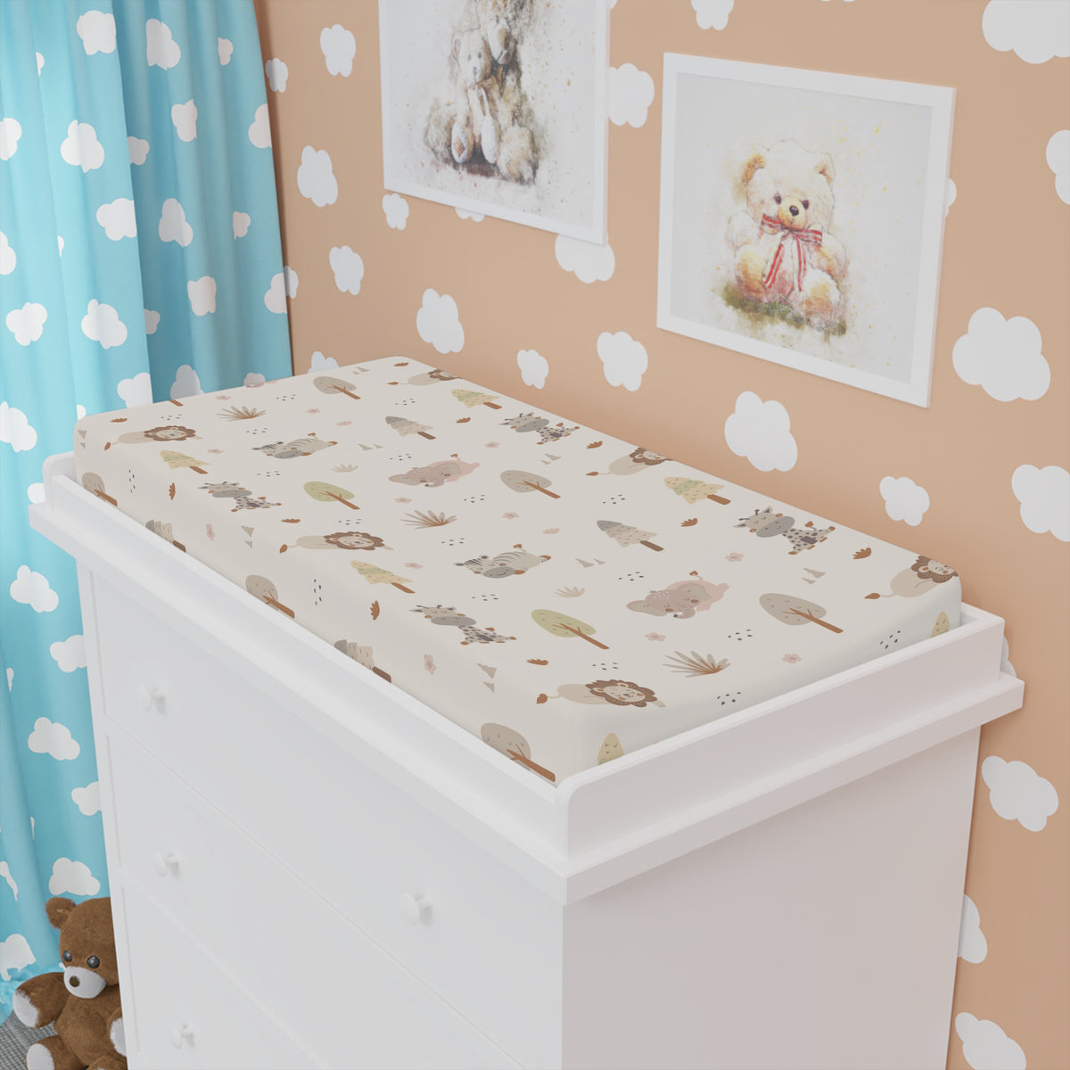 Sleepy safari changing pad cover styled in a neutral nursery