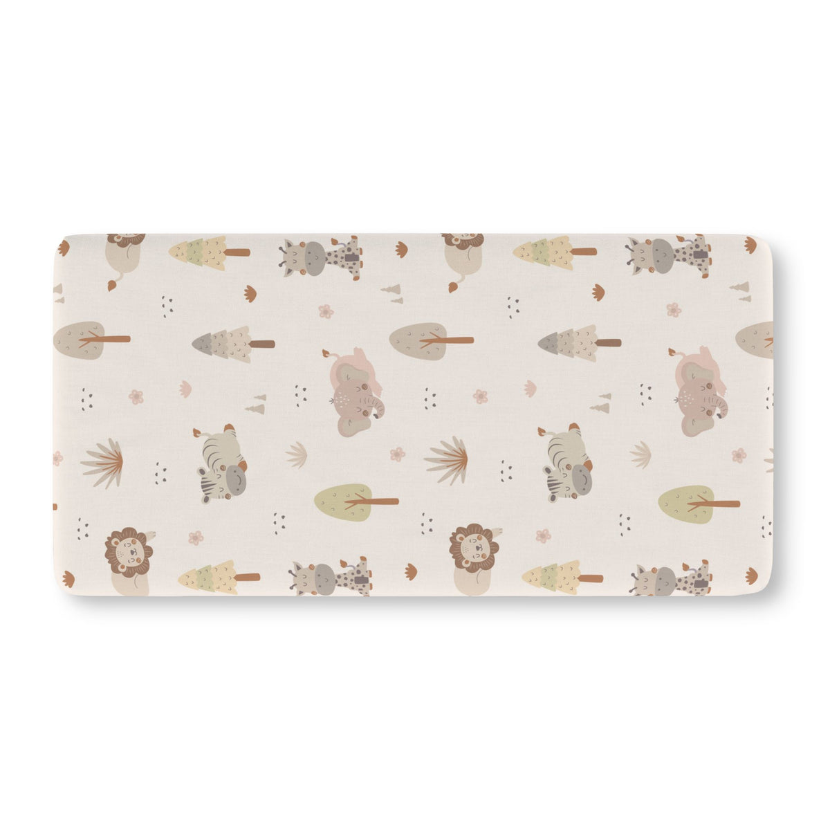 Cream safari crib sheet showing the fitted elasticated corner