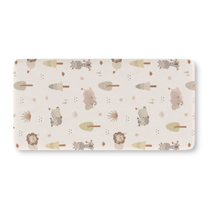 Cream safari crib sheet showing the fitted elasticated corner