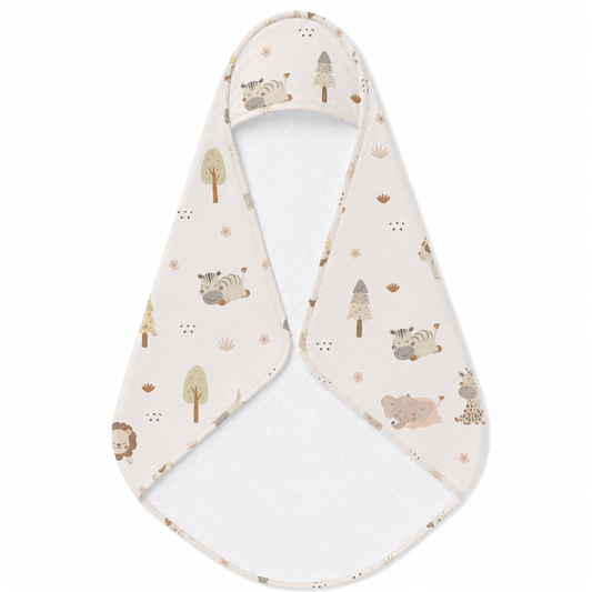 Sleepy Safari hooded baby towel wrapped around a baby
