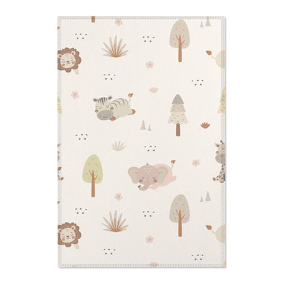 Sleepy safari nursery area rug in a neutral baby room
