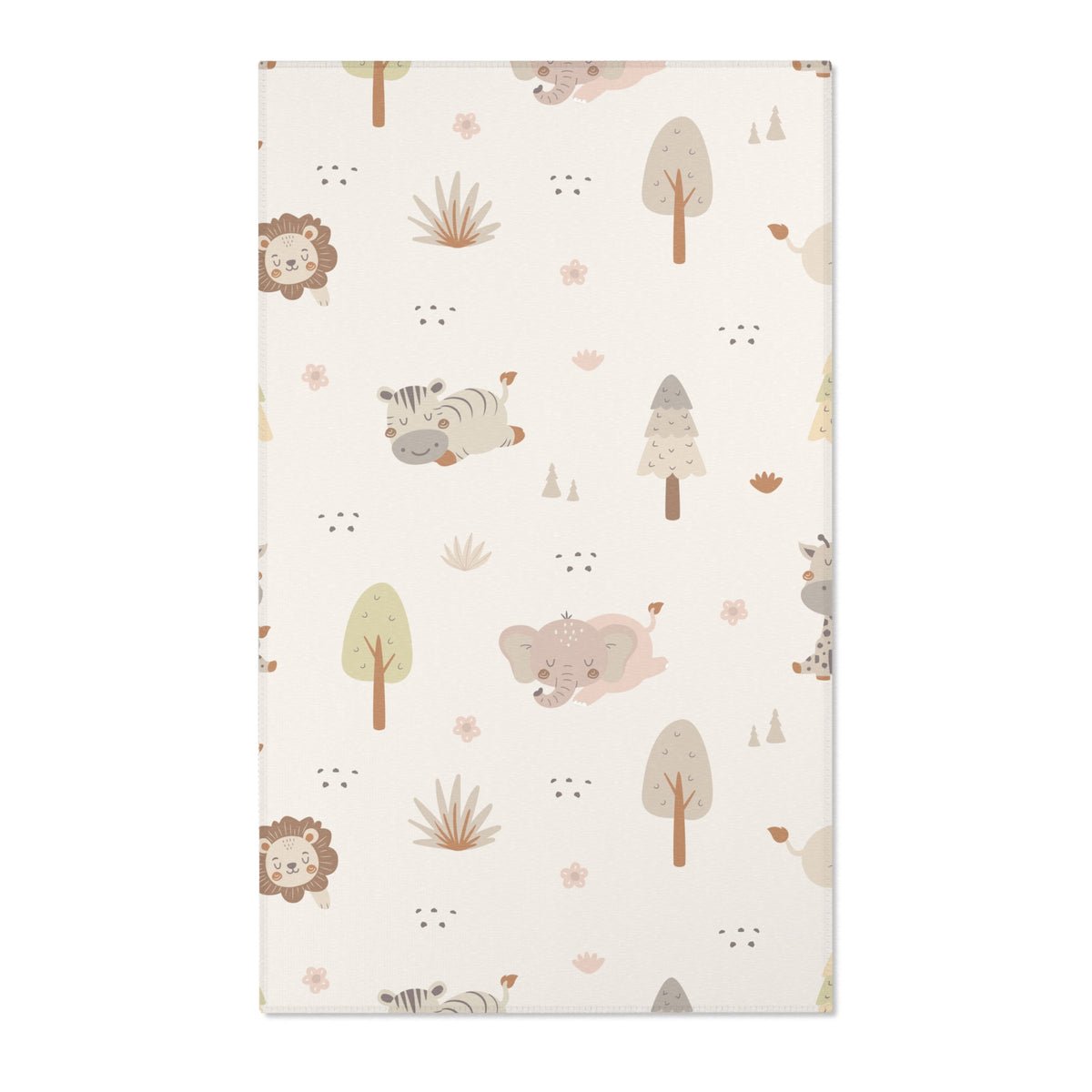 Rectangular cream safari nursery rug shown from above