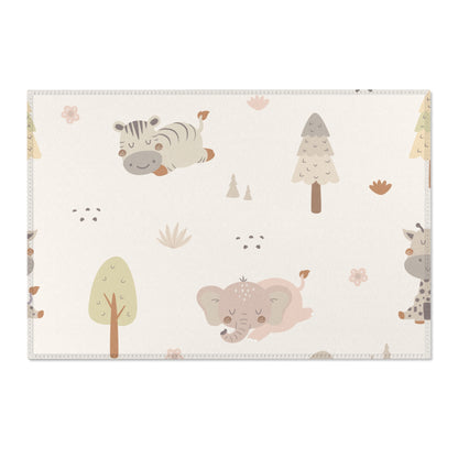 Washable sleepy safari area rug under a nursery crib