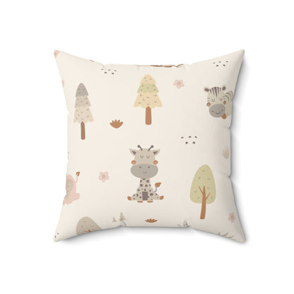 Close-up of the faux suede texture on a neutral safari nursery pillow