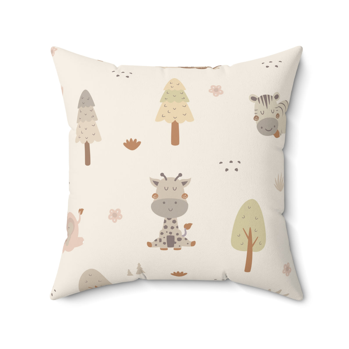 Cream safari print nursery pillow in a reading corner