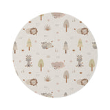 Sleepy safari round nursery rug on a baby room floor