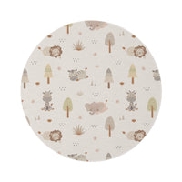 Sleepy safari round nursery rug on a baby room floor