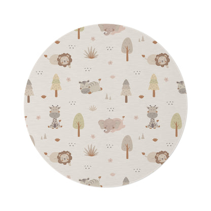 Sleepy safari round nursery rug on a baby room floor