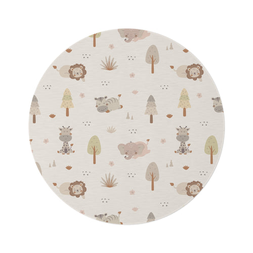 Sleepy safari round nursery rug on a baby room floor