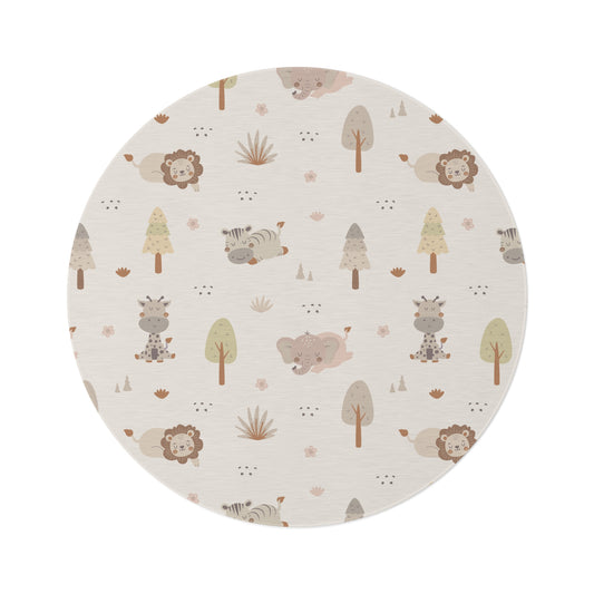 Sleepy safari round nursery rug on a baby room floor