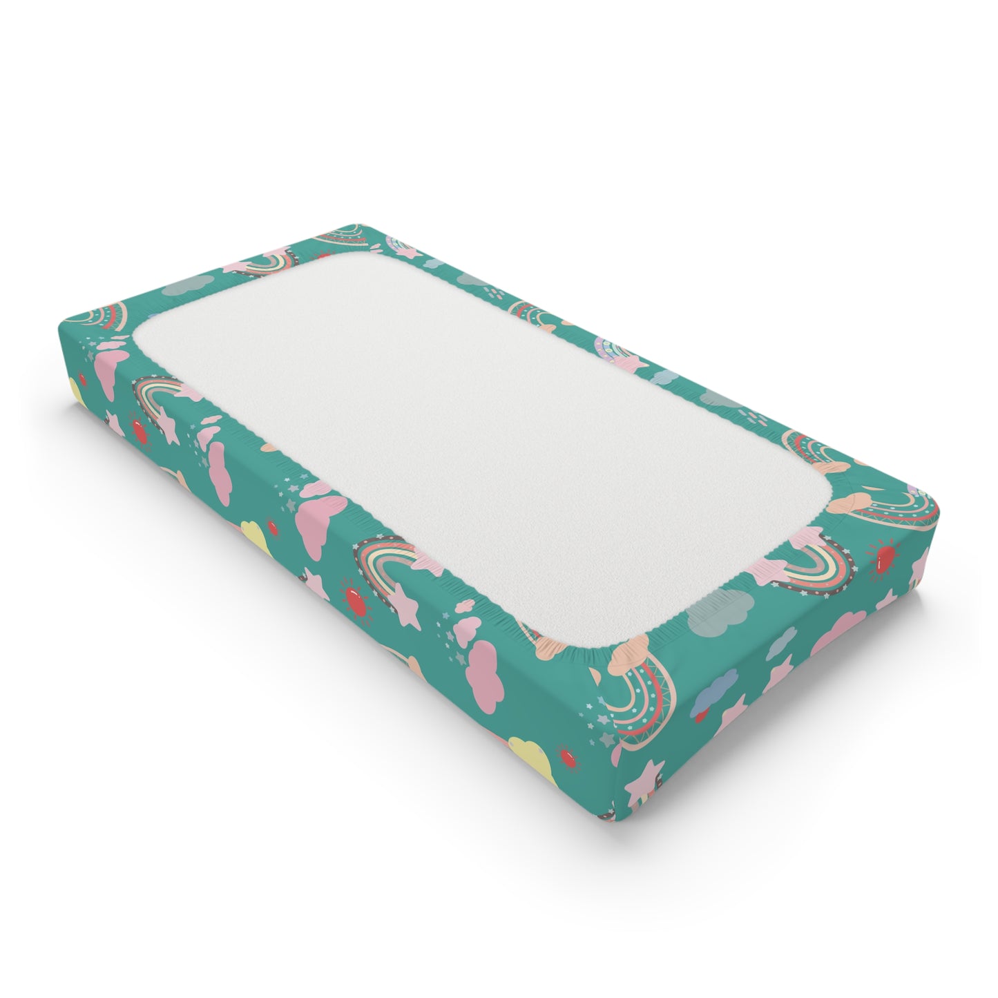 Changing pad cover with coral rainbows and pink clouds on teal