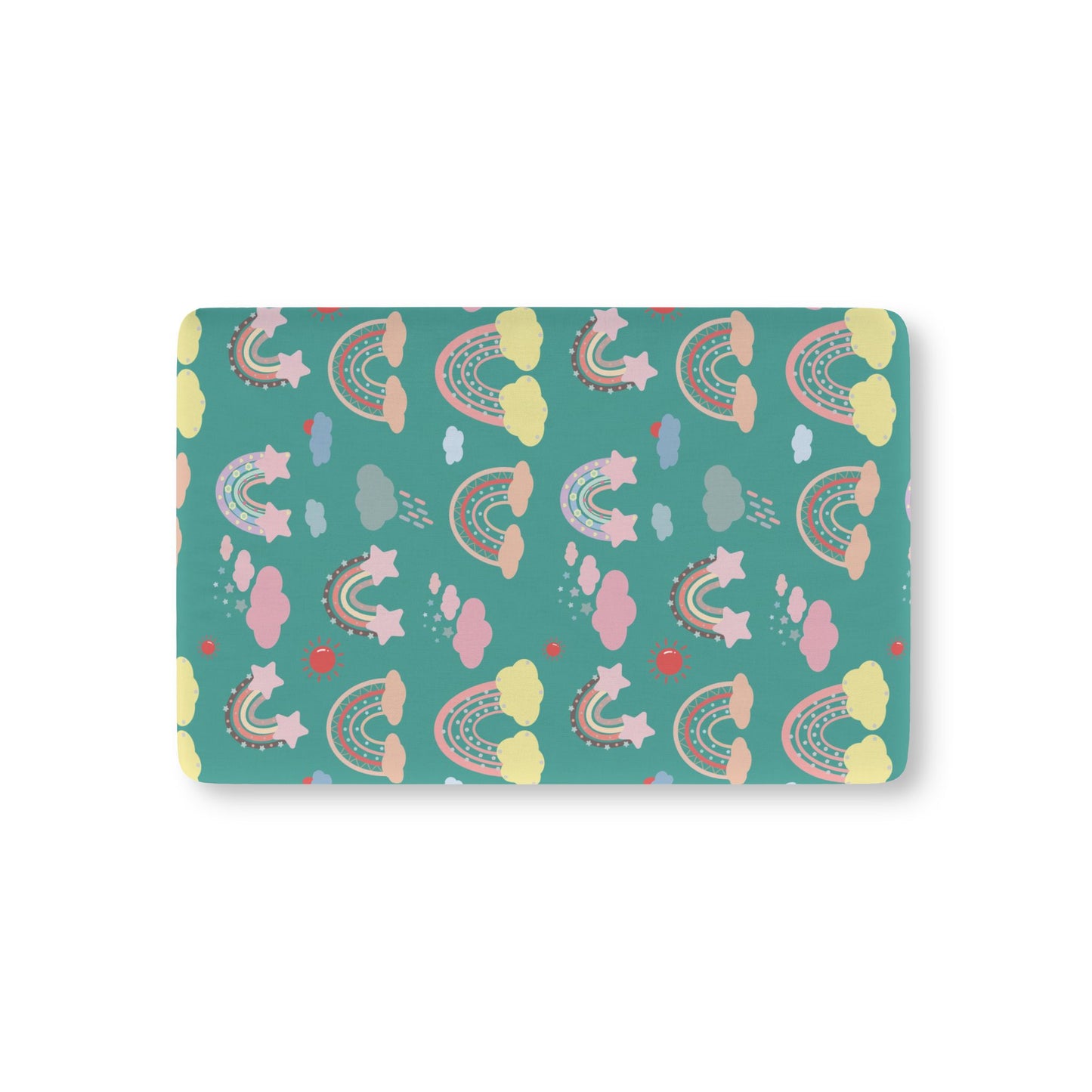 Teal Sky Rainbows fitted crib sheet on a nursery crib mattress