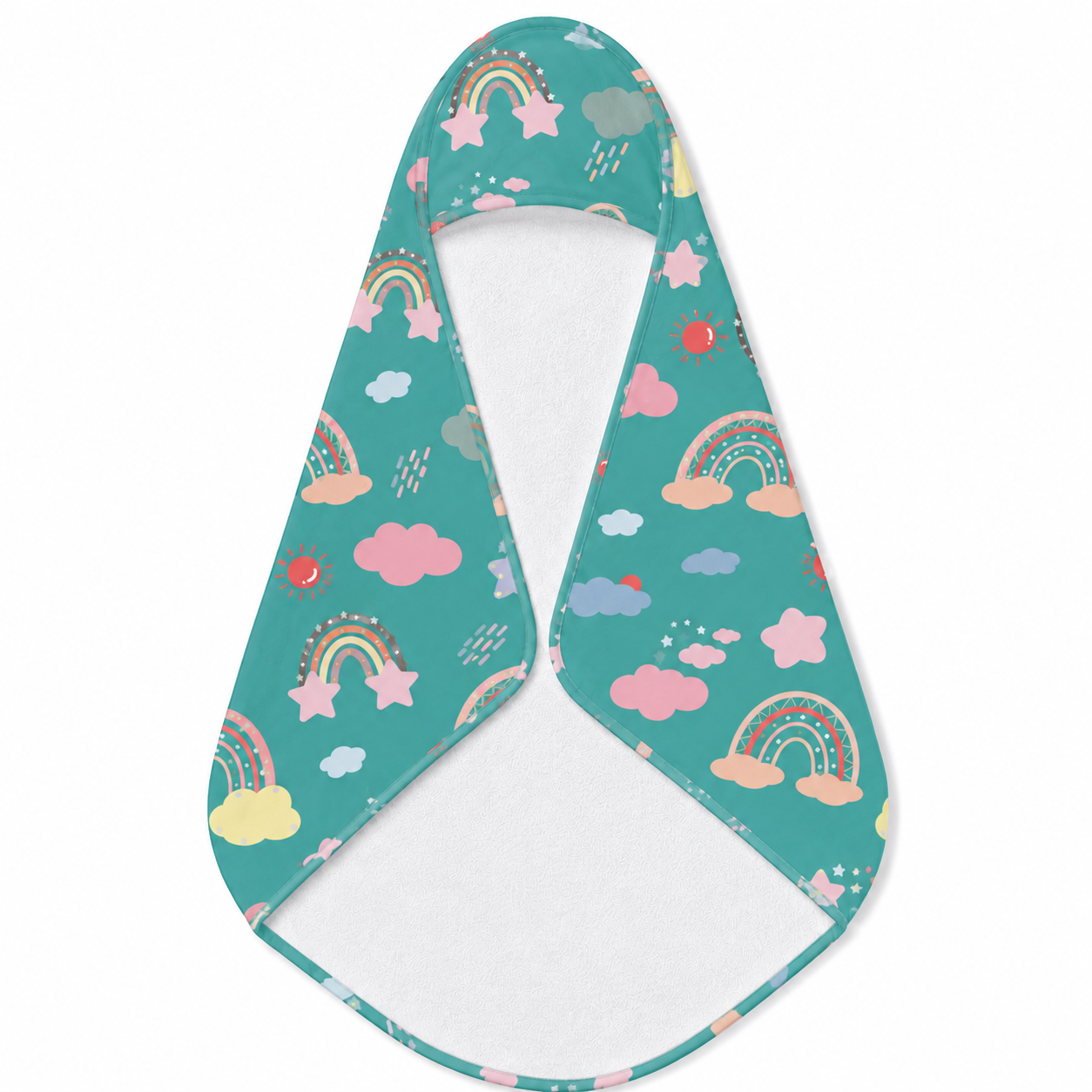 Teal Sky Rainbows hooded baby towel wrapped around a baby