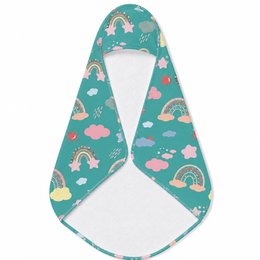 Teal Sky Rainbows hooded baby towel wrapped around a baby