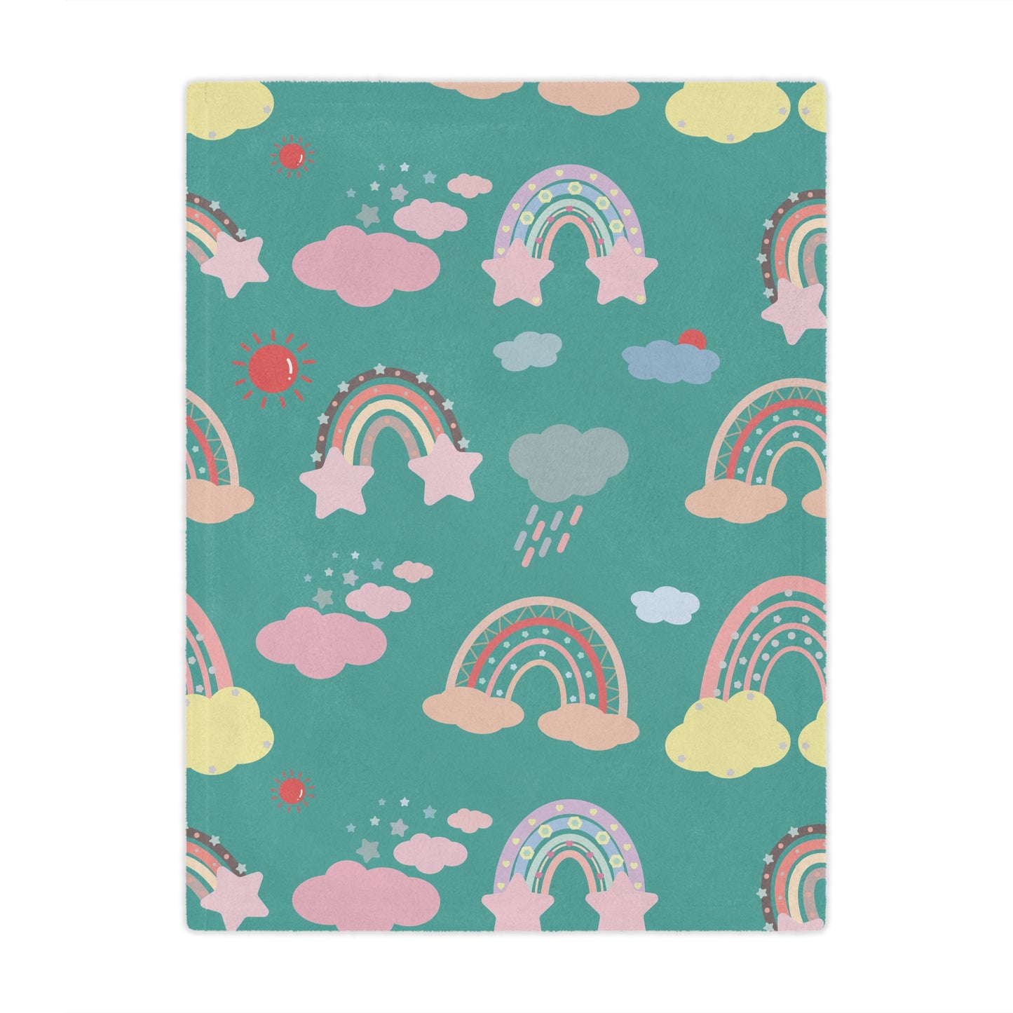 Minky baby blanket in teal and coral, Teal Sky Rainbows print