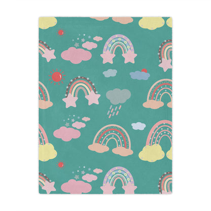 Minky baby blanket in teal and coral, Teal Sky Rainbows print