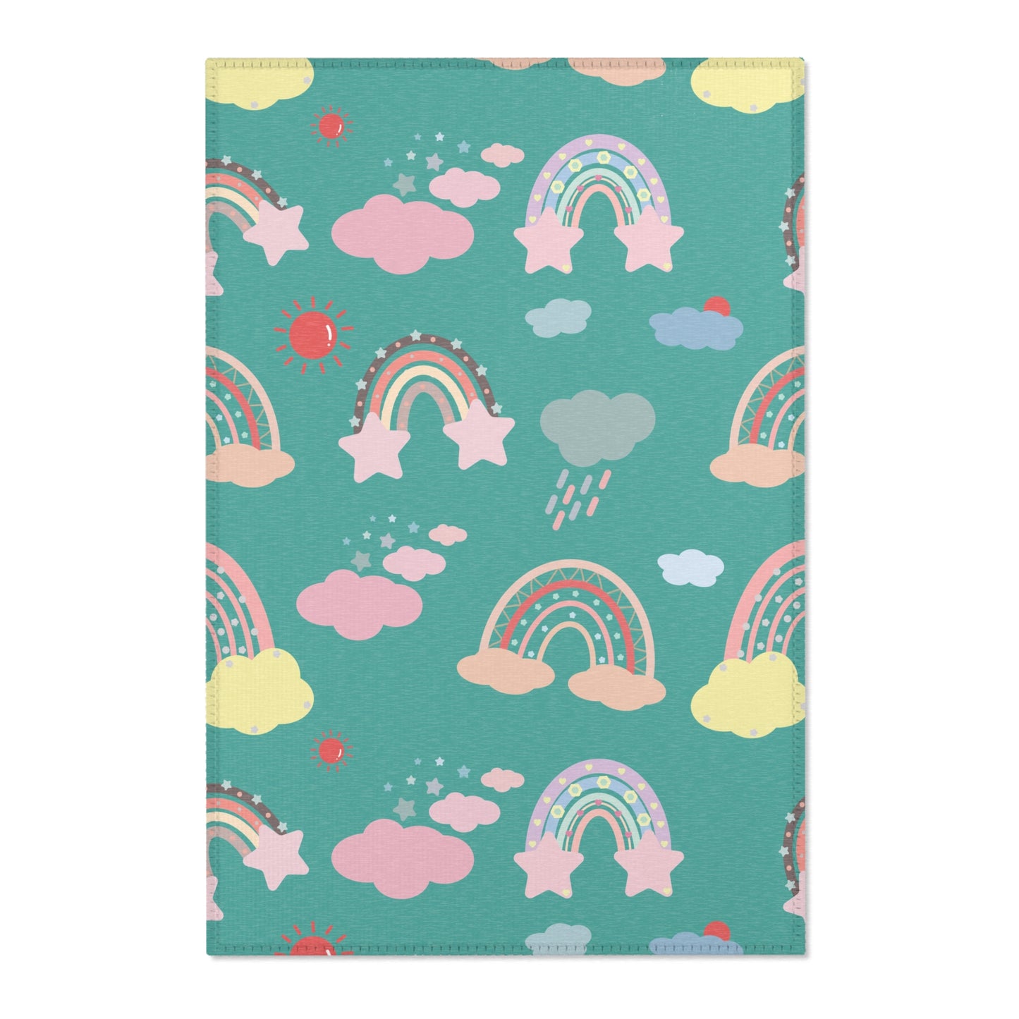 Teal Sky Rainbows nursery area rug in a baby room