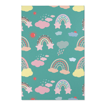Close detail of the rainbows and clouds on the area rug