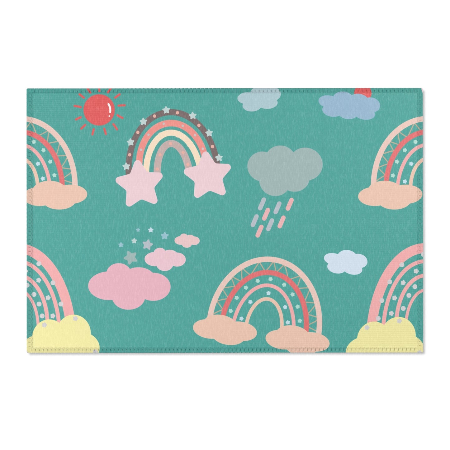 Teal Sky Rainbows area rug shown in landscape orientation