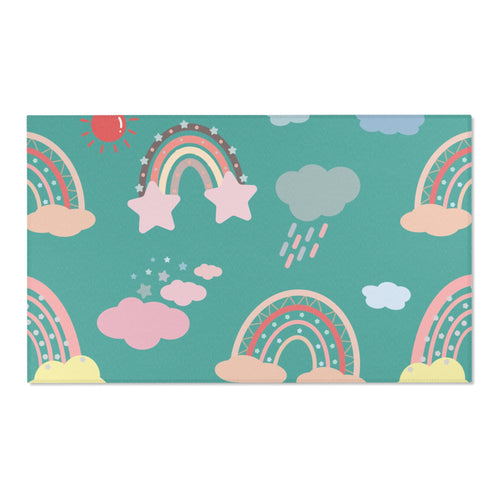 Teal Sky Rainbows nursery area rug in a baby room