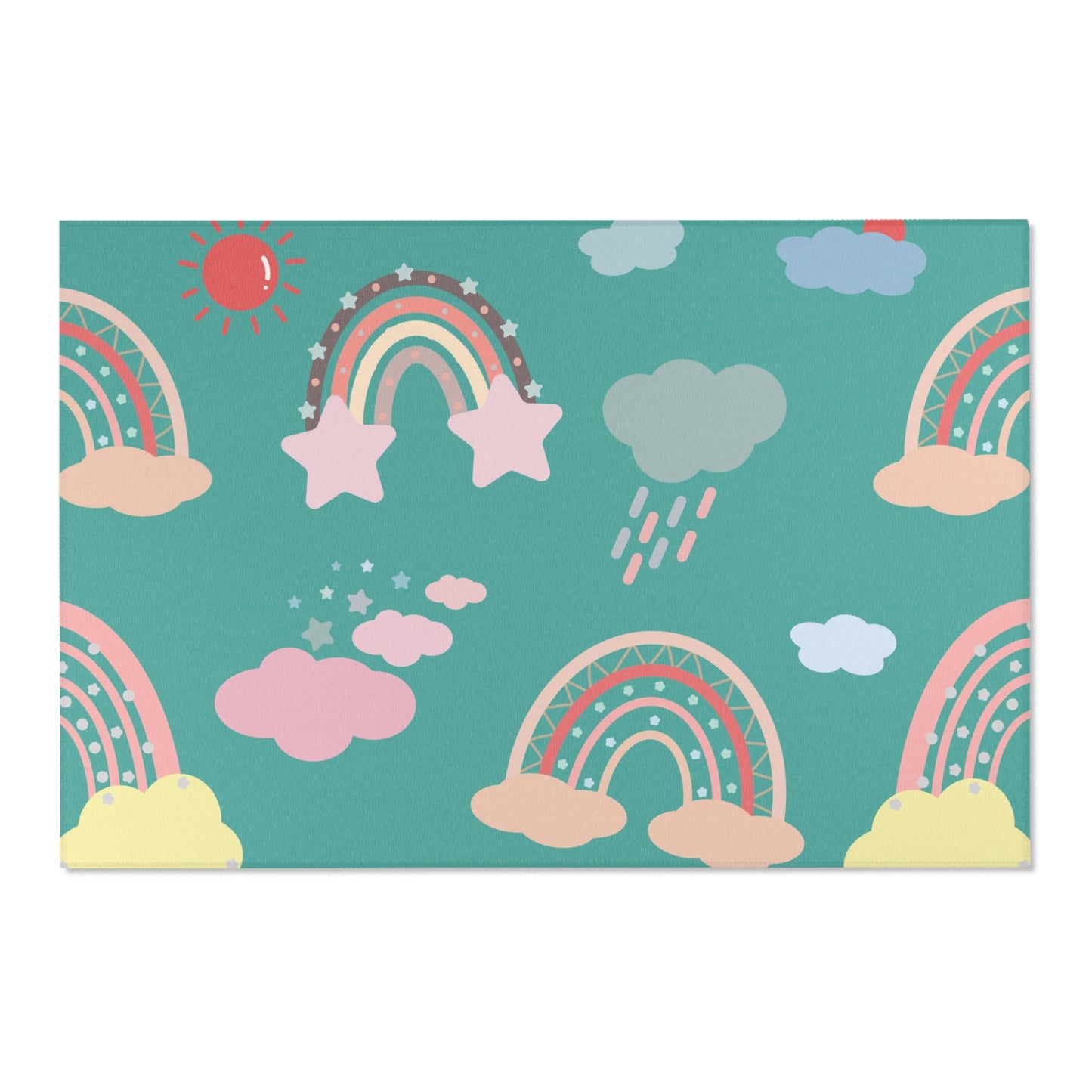 Low pile nursery rug with coral rainbows on a teal ground