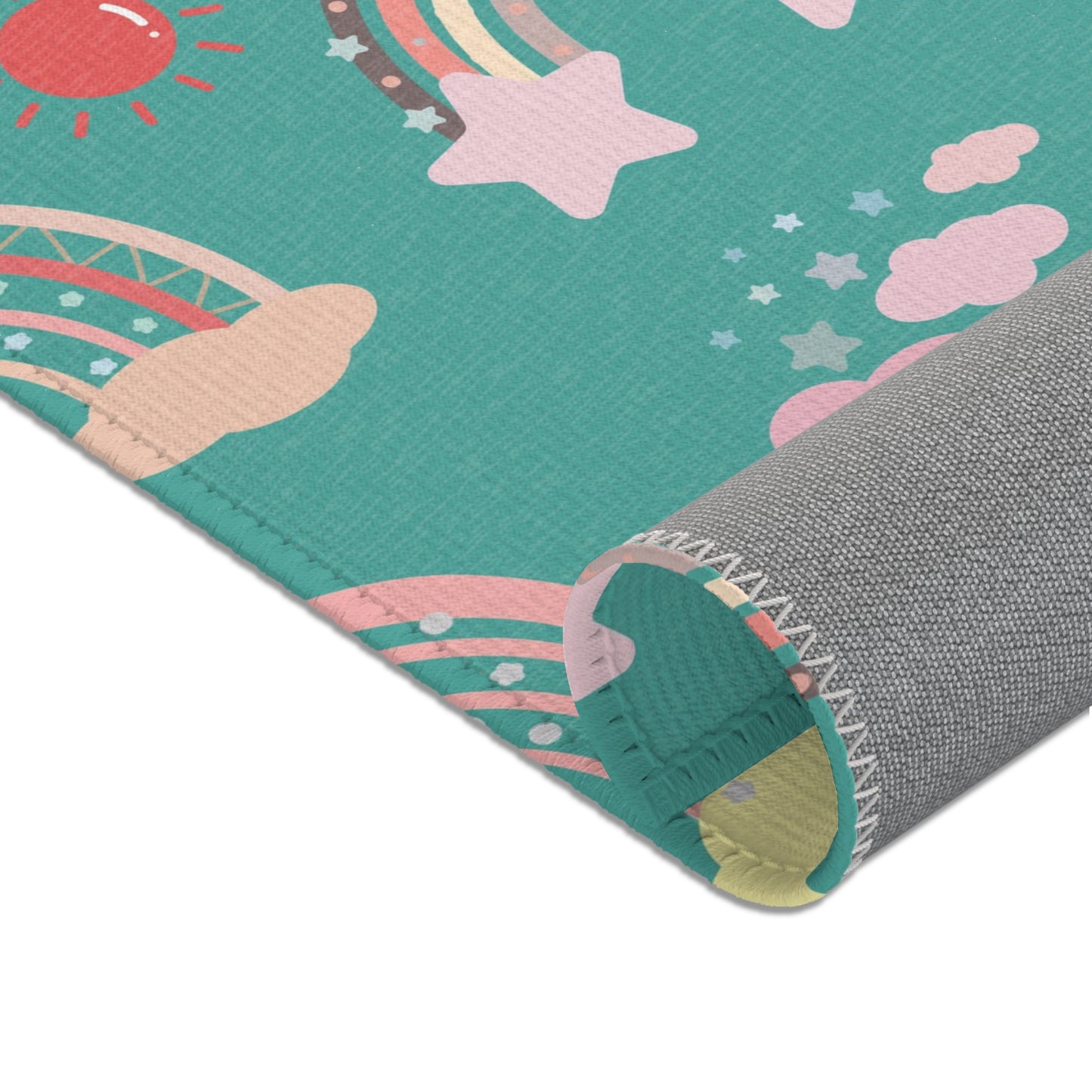 Teal Sky Rainbows area rug in the small size