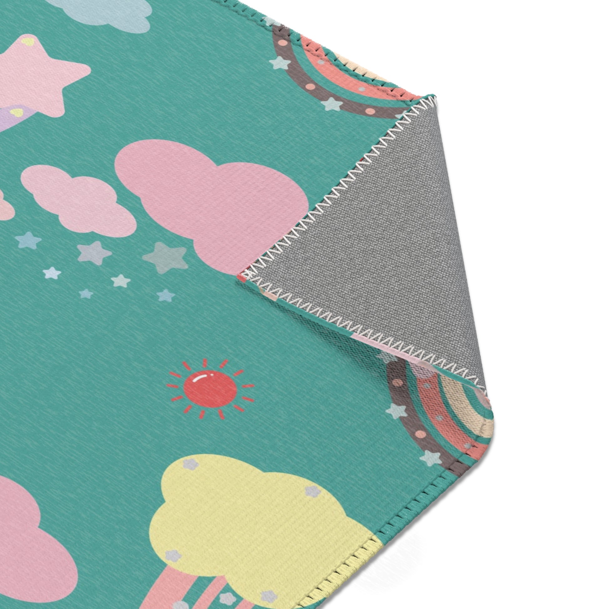 Teal Sky Rainbows area rug in the medium size