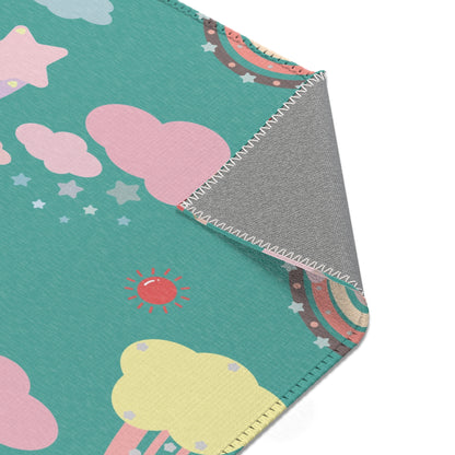 Teal Sky Rainbows area rug in the medium size
