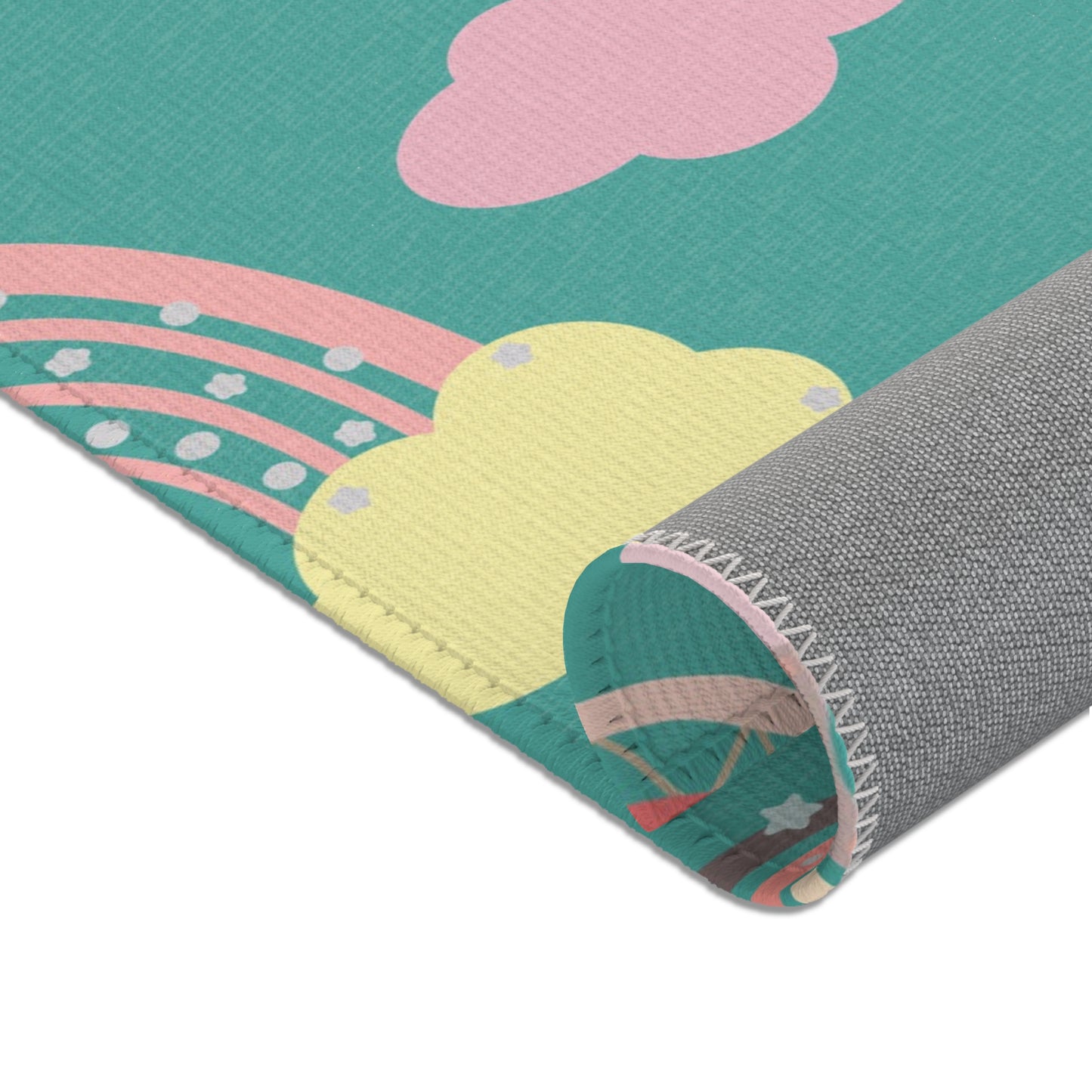 Teal Sky Rainbows area rug in the large size