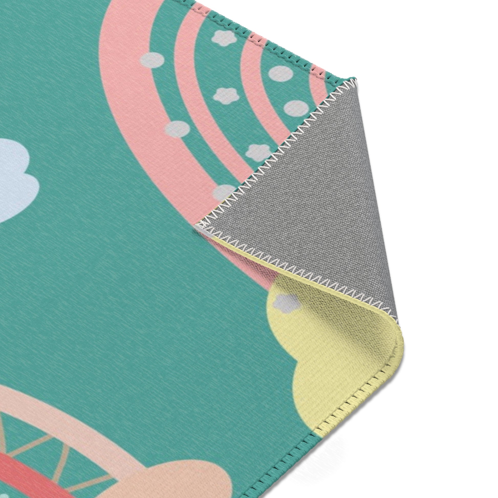 Teal Sky Rainbows rug print detail in coral and blush