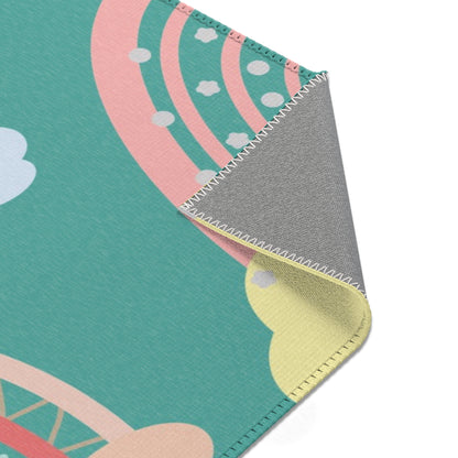 Teal Sky Rainbows rug print detail in coral and blush