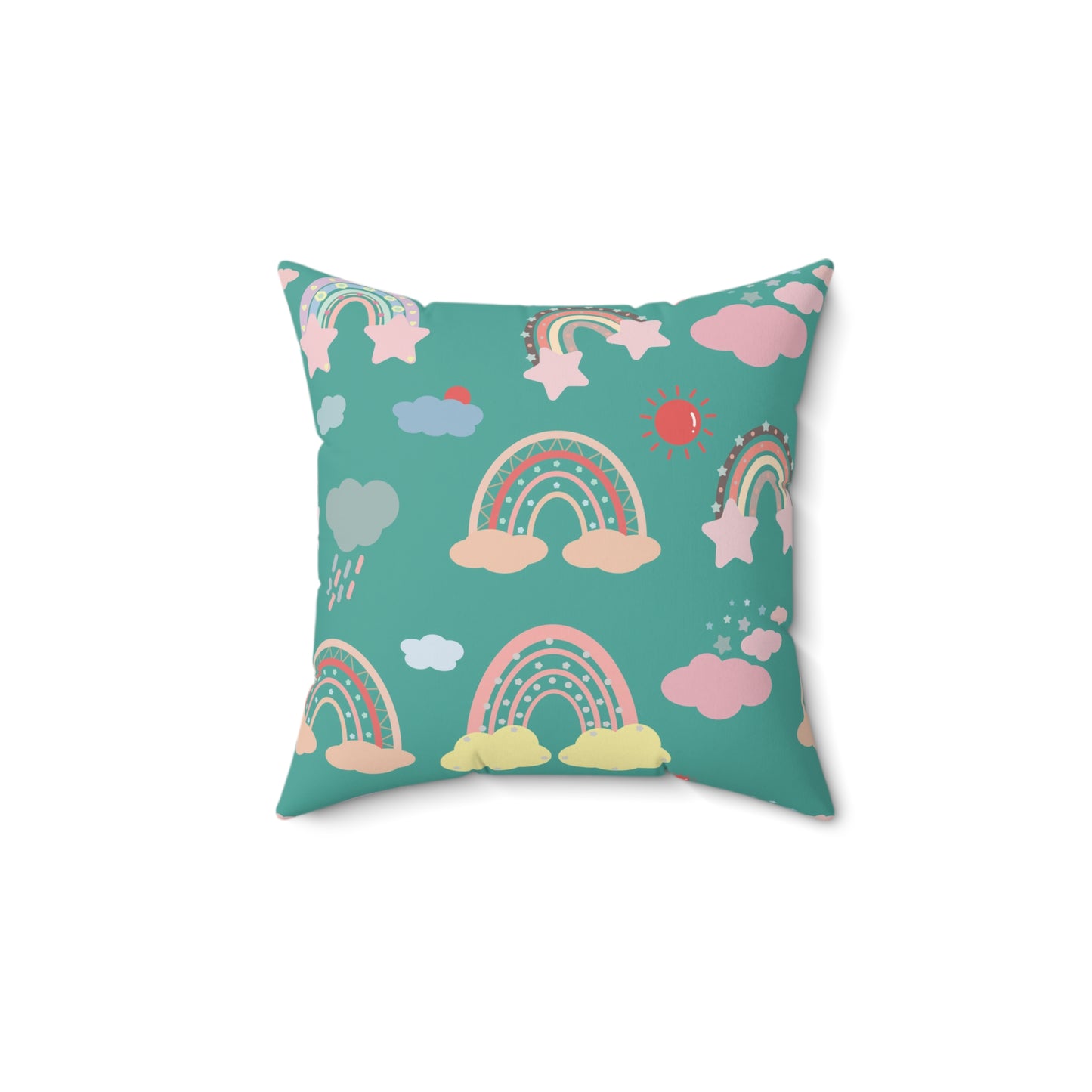 Teal Sky Rainbows decorative nursery pillow on a glider chair