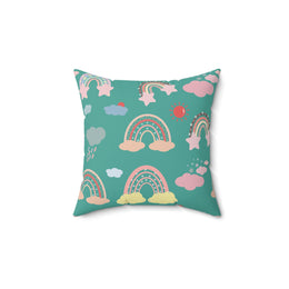 Teal Sky Rainbows decorative nursery pillow on a glider chair