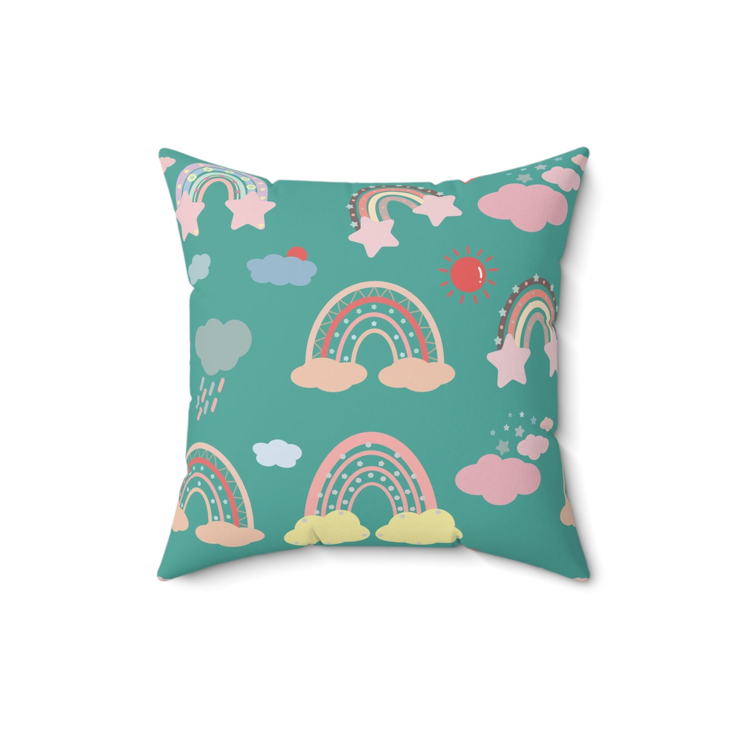 Faux suede nursery pillow with coral rainbows on deep teal