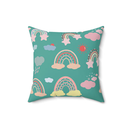 Faux suede nursery pillow with coral rainbows on deep teal