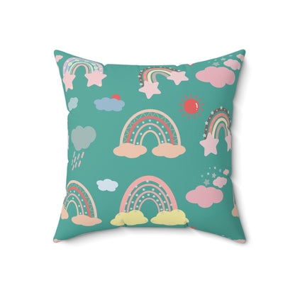 Close detail of the banded rainbow print on the faux suede pillow