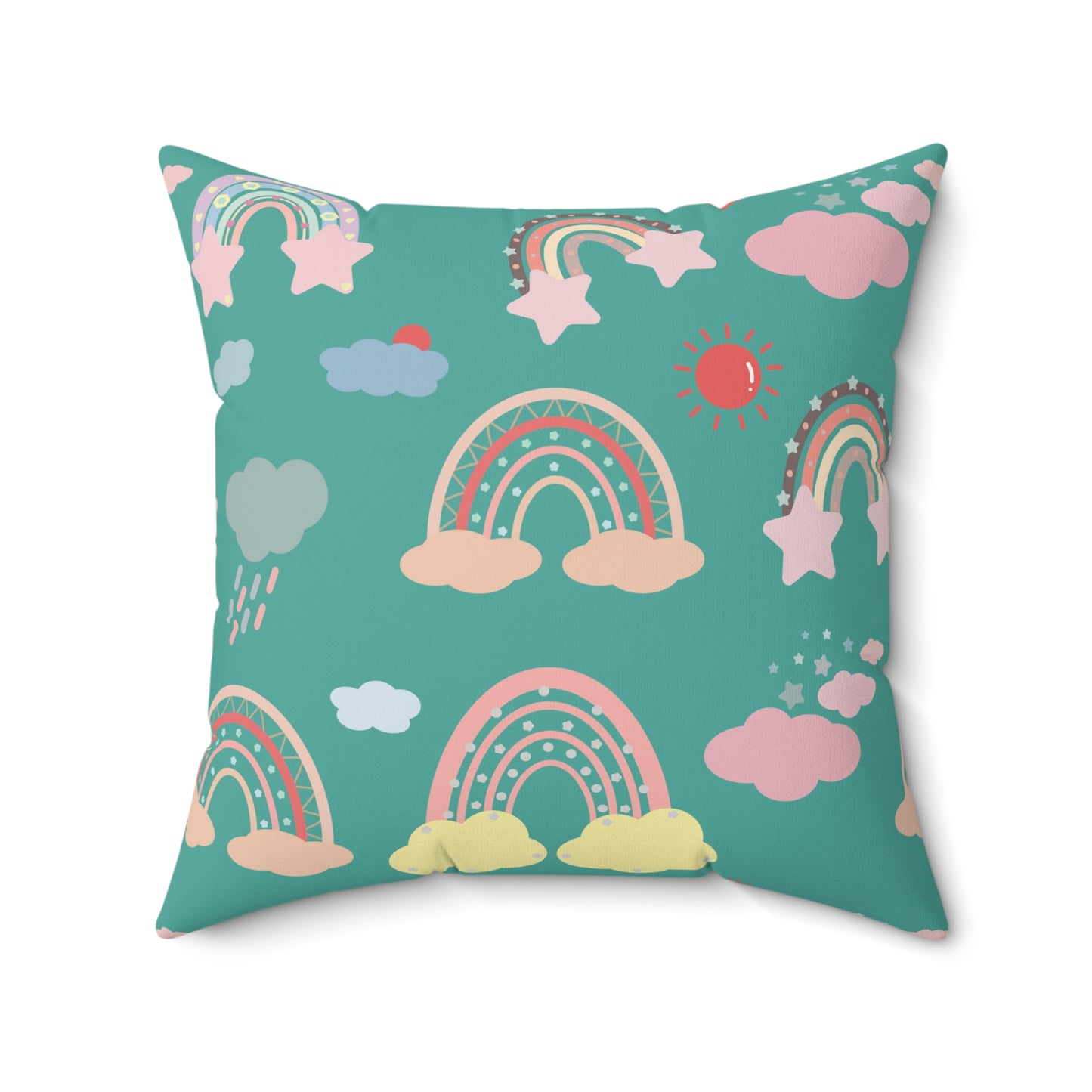 Teal Sky Rainbows nursery pillow shown from the front